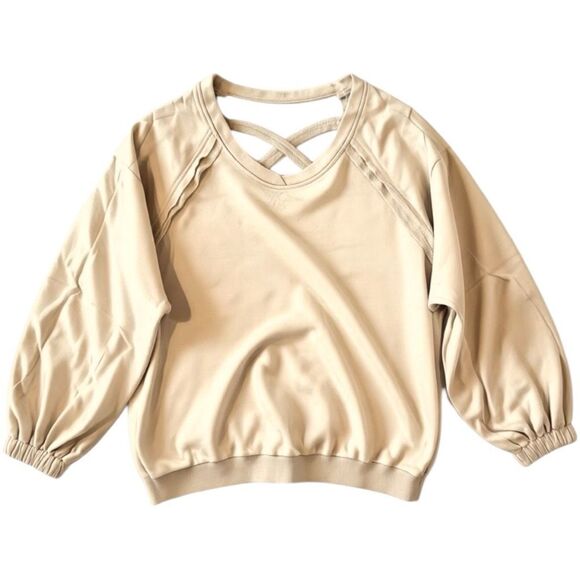 POL Beige Open Back Cross Strap Balloon Sleeve Sweatshirt Large NEW - Picture 10 of 12